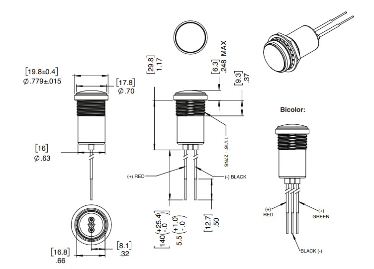 Mechanical Drawing - VCC PML50 LED Panel Mount Indicators
